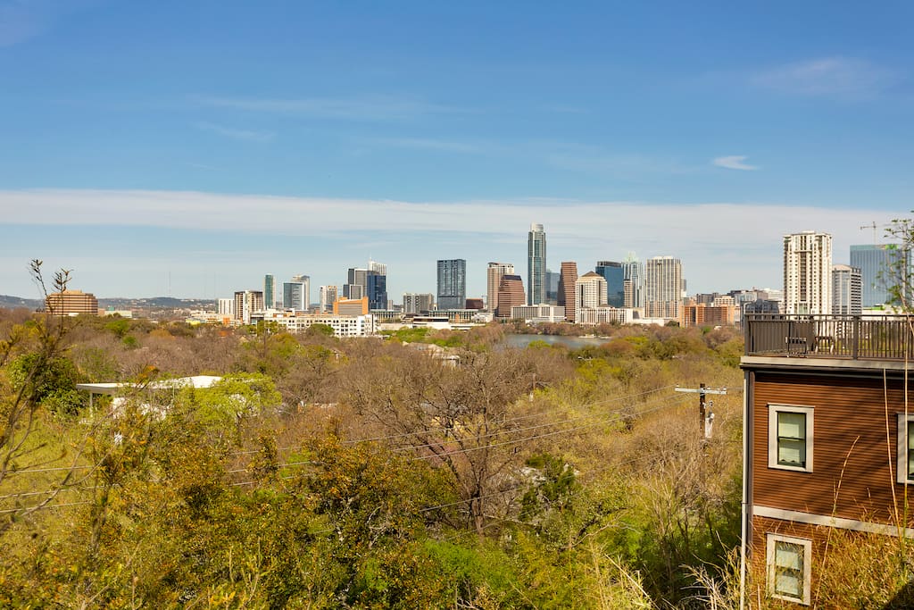This is the view directly outside of the living room over looking the lake and downtown.