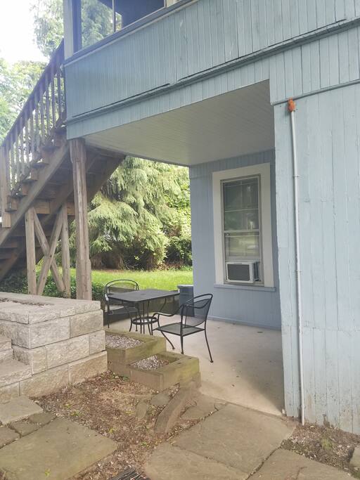 Two chairs and a table are for your use on the back deck by the parking lot.