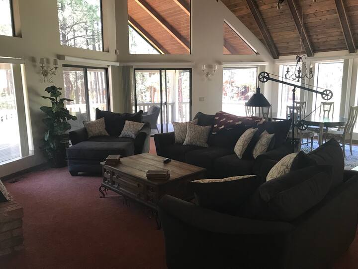 Შესანიშნავია, იჯდეთ და უყუროთ თოვლის შემოდგომას ან დატკბეთ ზაფხულის ნივით. Ნათელი საოჯახო ოთახი იატაკიდან ჭერამდე ფანჯრებით და ორი დიდი შუშის კარით.