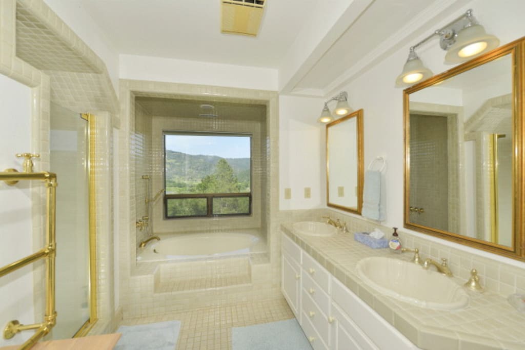 Master Bathroom with shower and large tub overlooking the vineyard