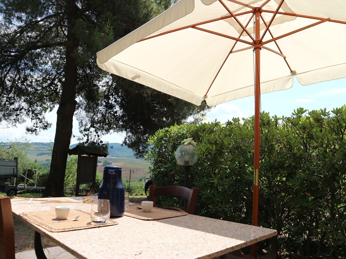 An outdoor dining area features a stone table set with dishes and glasses. A large umbrella provides shade, while surrounding greenery adds a natural backdrop. In the distance, rolling hills can be seen under a bright sky, enhancing the serene ambiance of the setting.