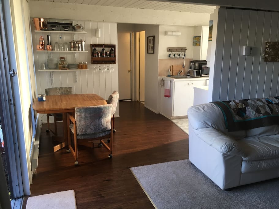 View from front door: living room, dining room and kitchen.