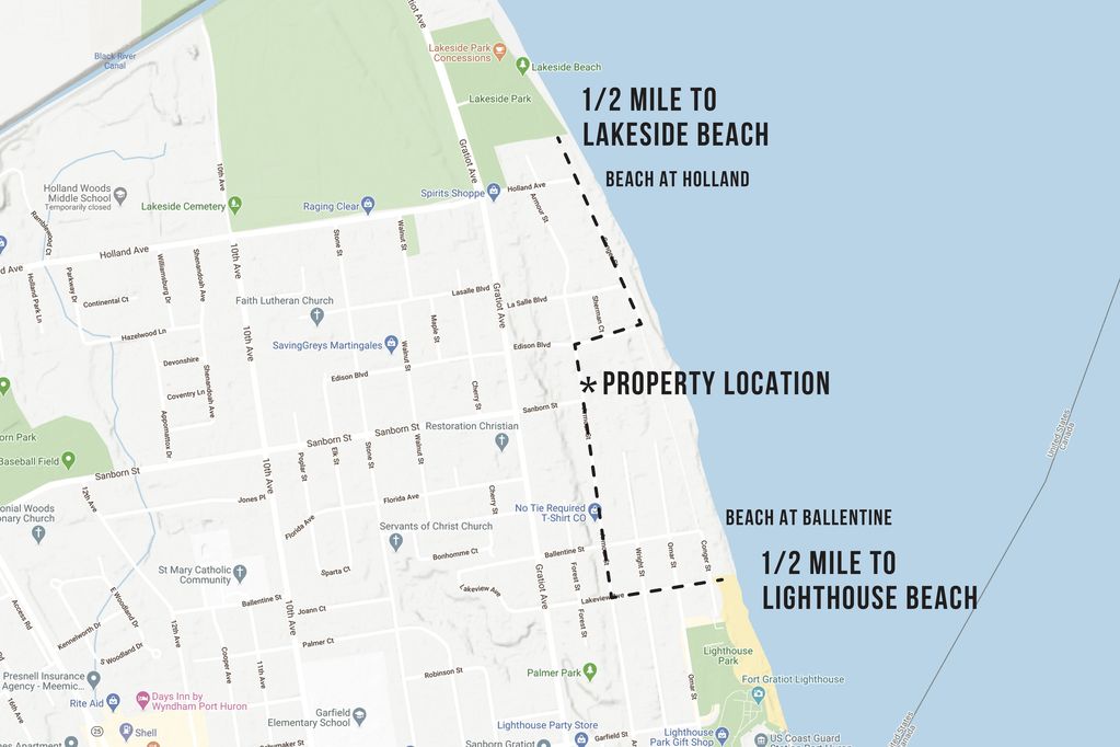 A detailed map shows the property location, indicating its proximity to nearby beaches. Lakeside Beach is marked half a mile to the north, with additional nearby beach options noted. The map provides a clear orientation of the surrounding area and major landmarks.