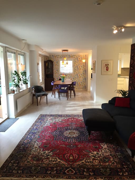 Open planned flat with exit to big outdoor area with garden, bbq and sun deck