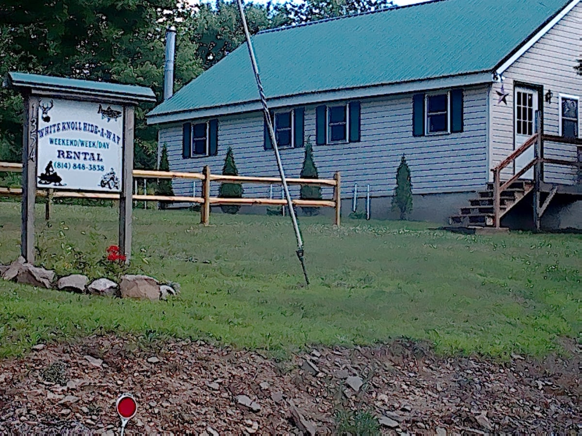 The cabin is set on a grassy area with a wooden sign indicating rental availability. A gravel path leads to the front steps of the cabin, which has a green metal roof and multiple windows. Trees line the background, providing a natural setting.