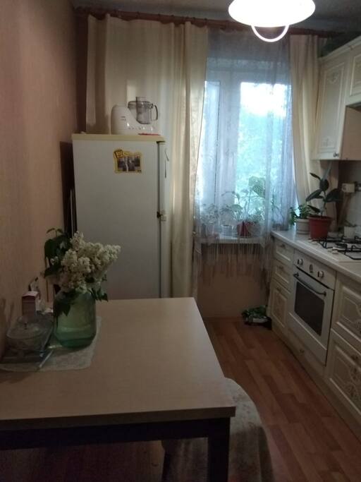 Кухня с холодильником и посудой