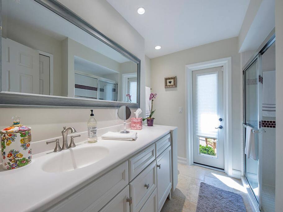 Nice size, with large counter and closet, great shower and access to the pool as well as your bedroom and living room