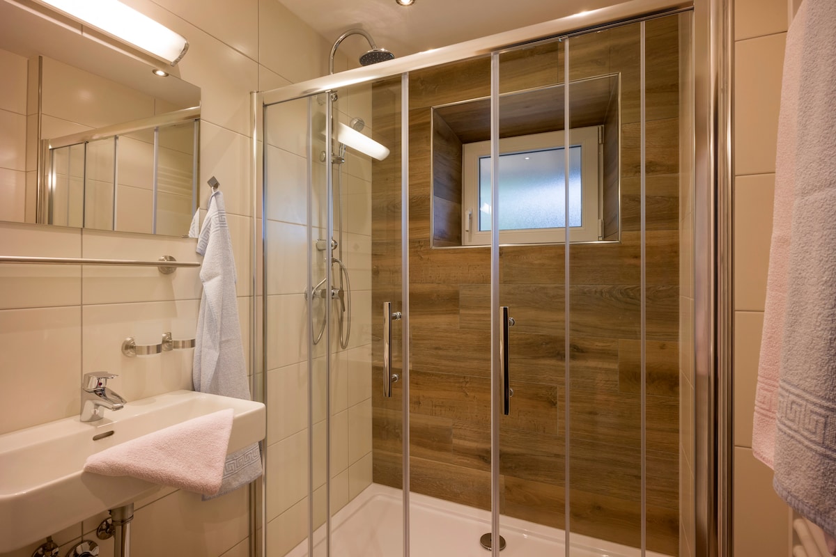 The bathroom features a modern walk-in shower enclosed by glass panels, showcasing a sleek design with wooden accents. A compact sink with a wall-mounted faucet is positioned beside the shower, with a towel neatly folded on the sink's edge. Ample lighting enhances the contemporary ambiance.