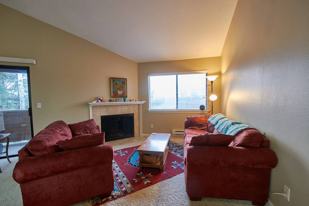 Living room with vaulted ceilings and lots of light!