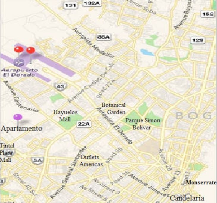 LOCATION. The apartment is NEAR to AIRPORT, (see the purple pin on map). 2 blocks from AGUSTINIANA UNIVERSITY and 2 blocks from HOMECENTER STORE. Only 3 blocks away from acess to Bogota´s public transportation integrated system (SITP).