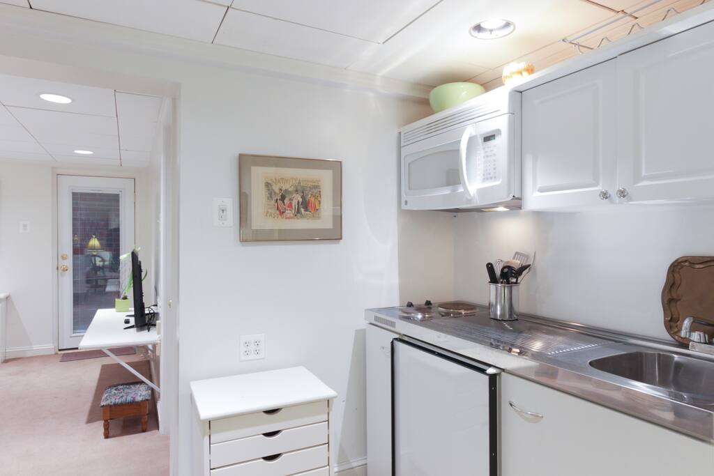 Kitchenette with microwave, two burners, half frig.