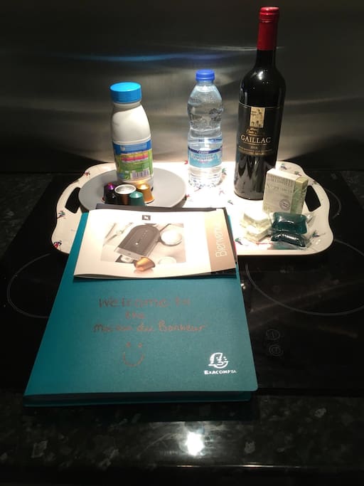 We might be new owners of this apartment, but we know what guests need. On arrival at the apartment you will benefit from this welcome pack. It contains:
1. One semi-skimmed organic milk, 50cl bottle, blue
2. Five Nespresso pods: 1 x purple, 1 x black, 1 x brown, 1 x green and 1 x gold.
3. One 50cl bottle of Eau de Source de Montagne water
4. One bottle of Gaillac Red wine
5. One Marseille soap
6. Dishwasher tablets
7. Washing-up pods
There is also a folder containing emergency numbers and loads of leaflets on activities and things to do in the area (so you can start your holiday right away).