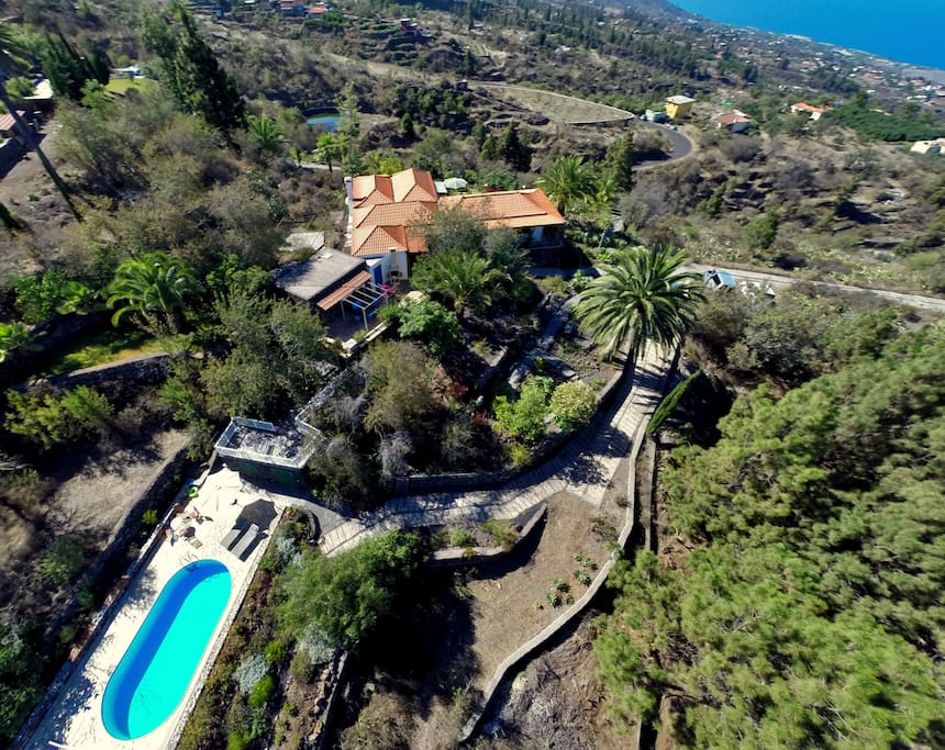 Helikopterbild Pool + Villa, Gartenanlage