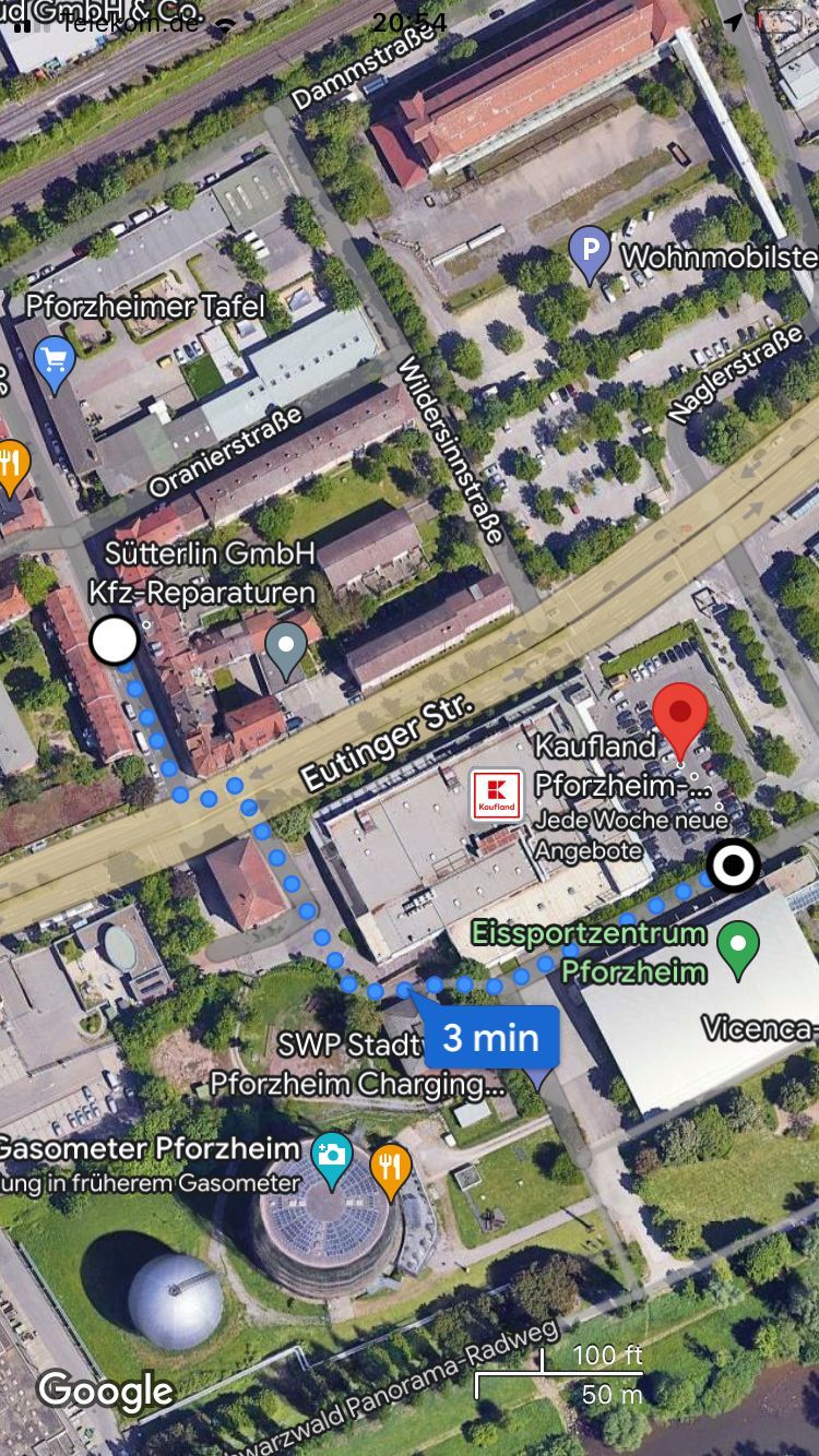The image displays a map highlighting the central location of the property in Pforzheim. Key landmarks, such as Kaufland and SWP Stadt Pforzheim Charging, are marked, indicating a three-minute walking distance to amenities and services.