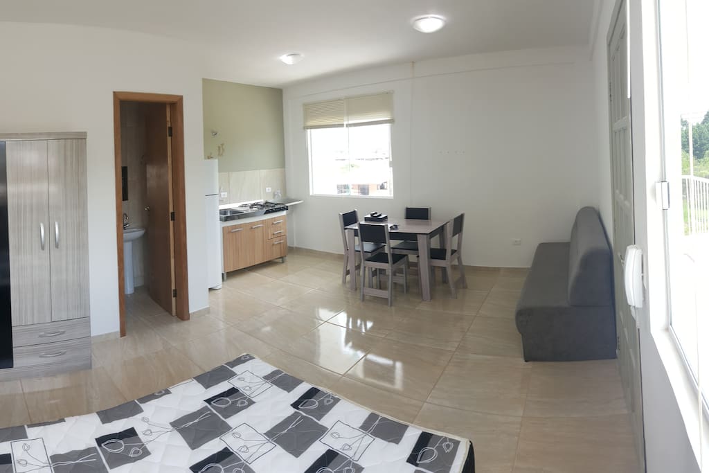 fully furnished , double bed, wardrobe, single sofa bed , table with 4 chairs , sink, stove , refrigerator duplex and tank
