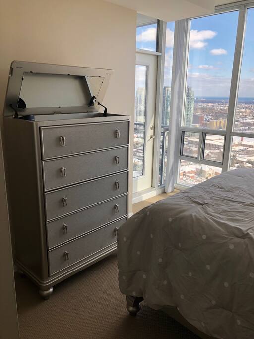 Master suite dresser with jewellery top and mirror. Folds down to hide valuables.