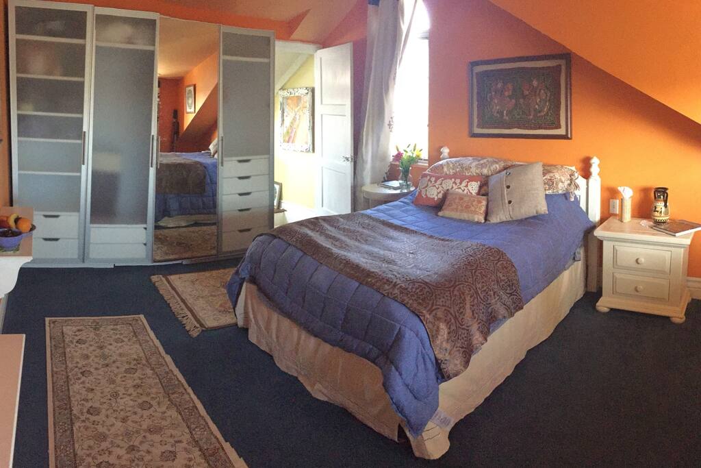 Full mattress not queen size , spacious for single or some couples. Plenty of closet space