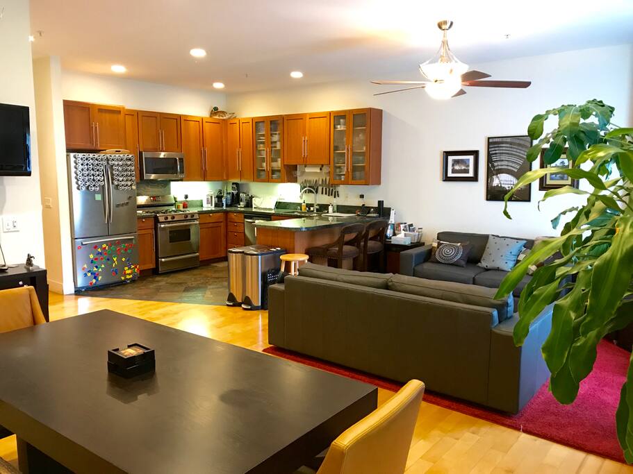 We hope you enjoy our open kitchen space, living room, and dining area as much as we do.