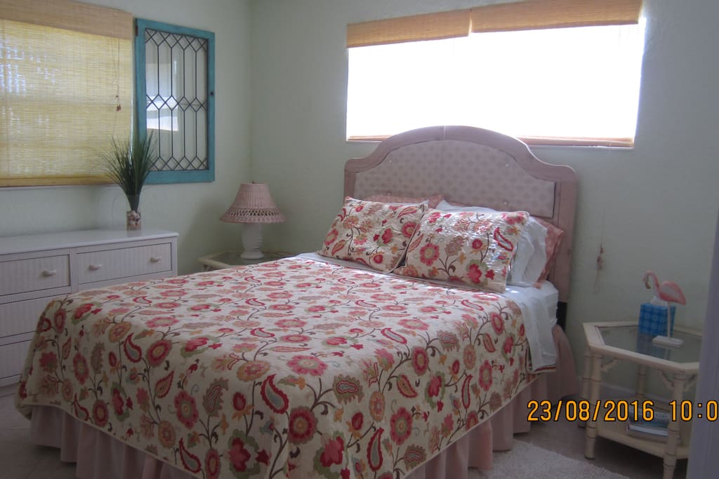 Bedroom with a queen bed, large closet and bathroom with shower
