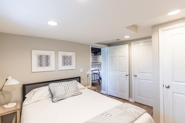Bedroom five: lower level, queen bed . Walk through bunk room to access this bedroom. Door directly to full bathroom with tub/shower