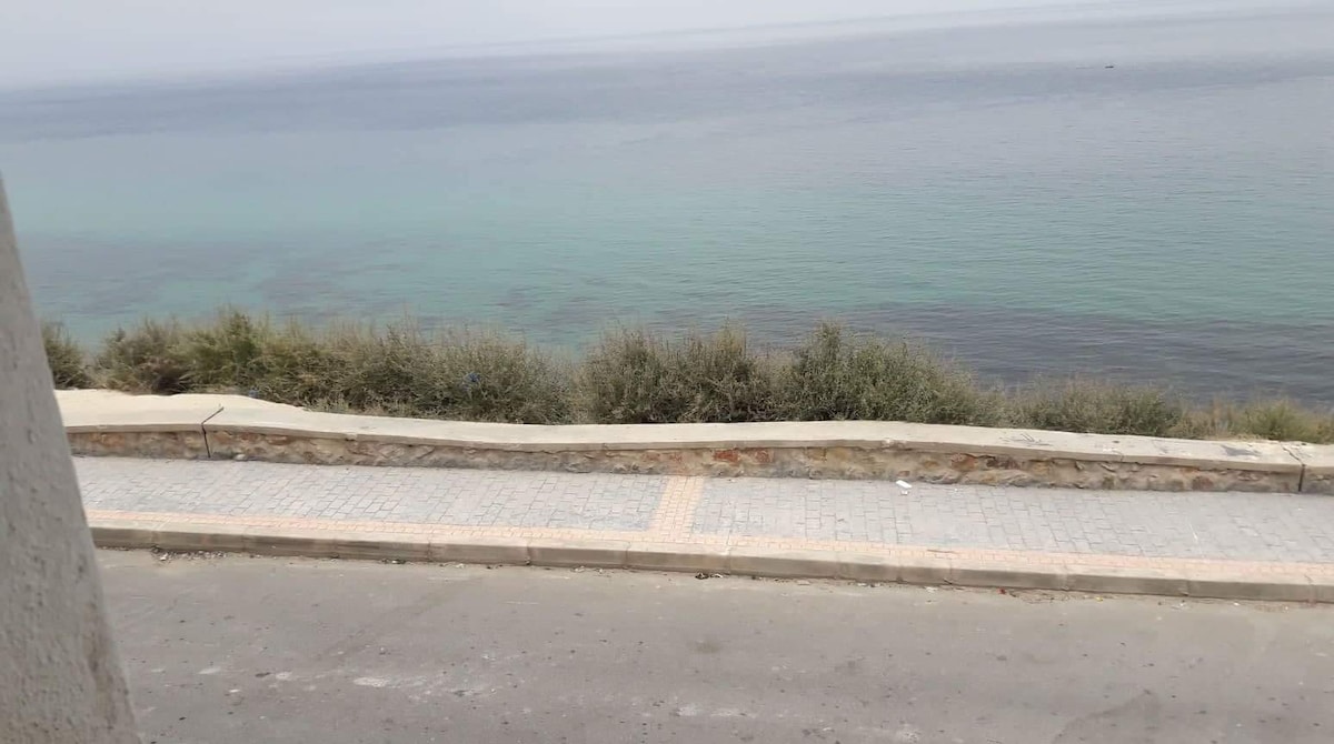 A serene view of the Mediterranean Sea is visible from the apartment. The calm waters blend shades of blue and green, while the shoreline is bordered by low greenery. A paved walkway runs along the edge, providing access to the scenic coastal area.