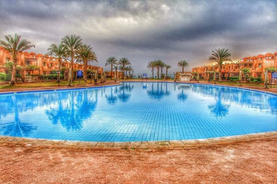 A large swimming pool reflects the sky and surrounding palm trees, creating a serene atmosphere. The pool area is bordered by well-maintained pathways, with buildings visible in the background that offer a hint of the neighborhood's layout.