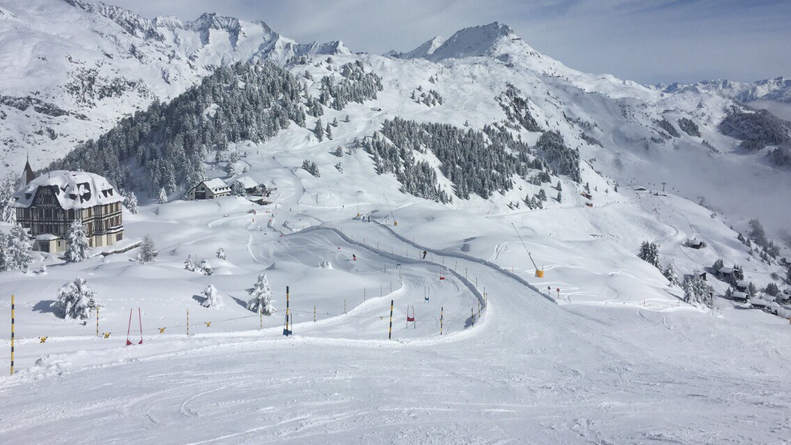 A winter landscape showcases expansive snowy slopes, with winding ski runs visible in the foreground. The surrounding mountains rise majestically in the background, partially covered in snow, while trees adorned with snow provide a contrast to the landscape. Clear blue skies complete the serene atmosphere.