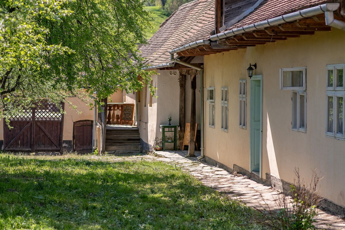 A pathway leads through a grassy yard toward the guesthouse, which features light-colored walls and a wooden porch. Greenery from nearby trees provides shade, and an inviting front door can be seen on the side of the house, enhancing the welcoming atmosphere.