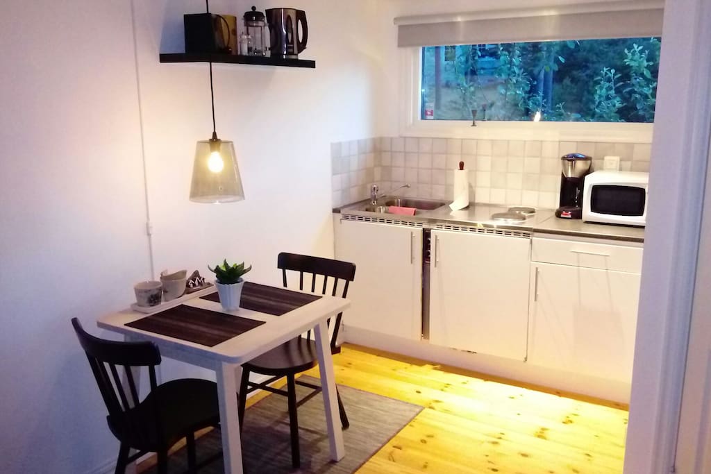 Kök med 2spisplattor, kylskåp, micro.