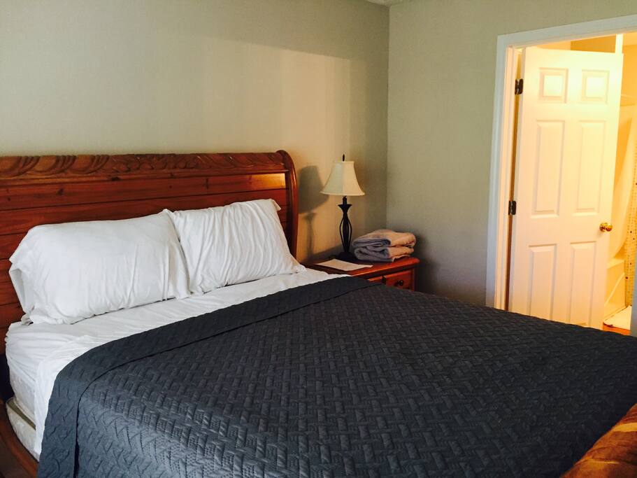 Queen sized bed, and private attached bathroom. This is not shared with us or any guests, just for you!