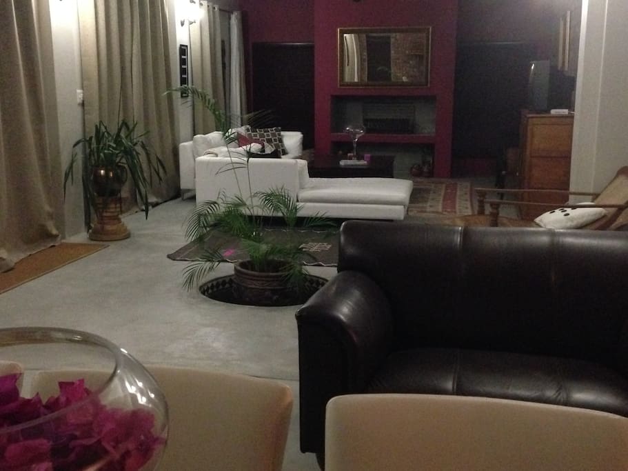 Open plan lounge with fireplace
