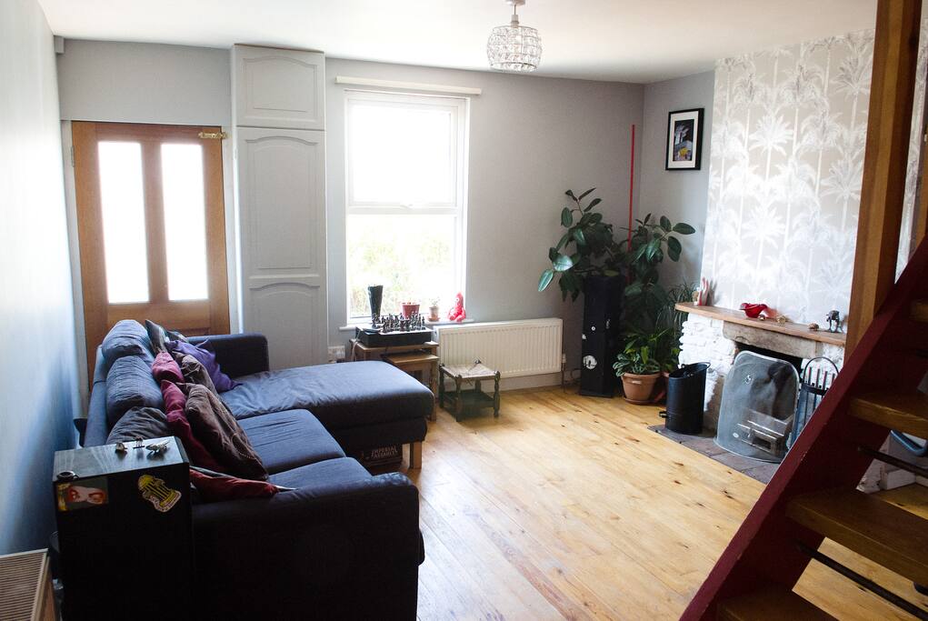 Living room with long sofa