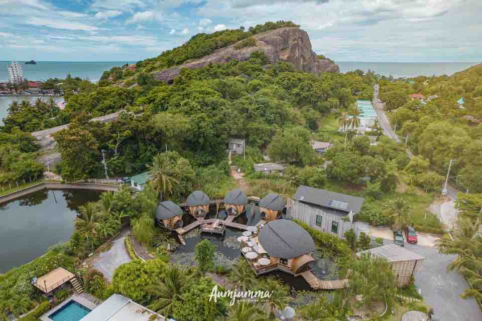 An aerial view reveals a collection of uniquely designed turtle-shaped villas nestled among lush greenery and near a serene water body. The coastline is visible in the distance, framed by rolling hills and an assortment of tropical vegetation.