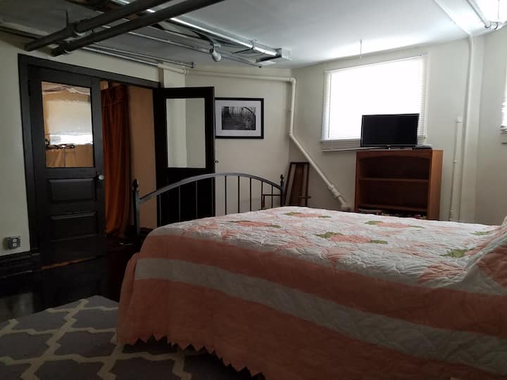 クイーンサイズベッドとテレビを備えた広いベッドルーム