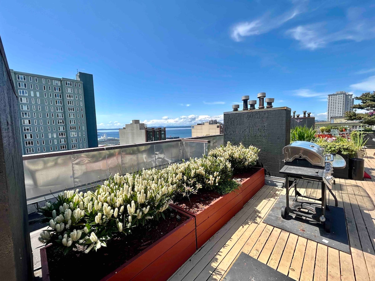 A rooftop terrace is highlighted with wooden decking and stylish planters filled with white flowering plants. A barbecue grill is positioned nearby, offering a space for outdoor cooking. The backdrop features expansive city views and a clear blue sky, enhancing the urban living experience.