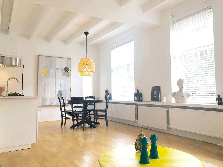 Dining room and new kitchen with coffee machine, water cooker, toaster, fridge/freezer, oven and dishwasher