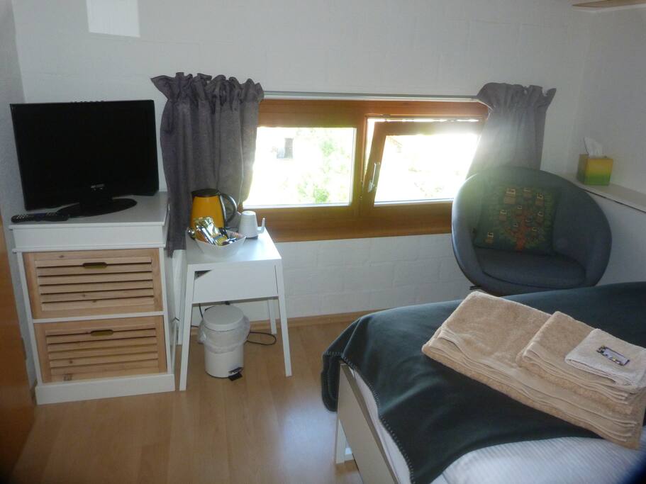Das Zimmer ist mit gratis WLAN, sowie Tee, Kaffe & Wasser (Wasserkocher vorhanden) ausgestattet.