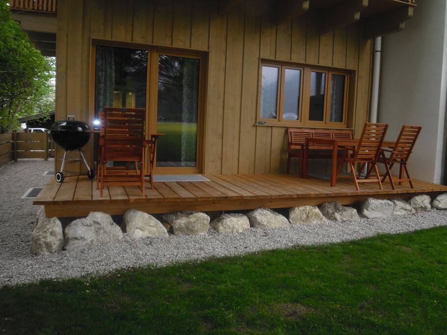 Terrace with charcoal BBQ, small enclosed private garden and great views