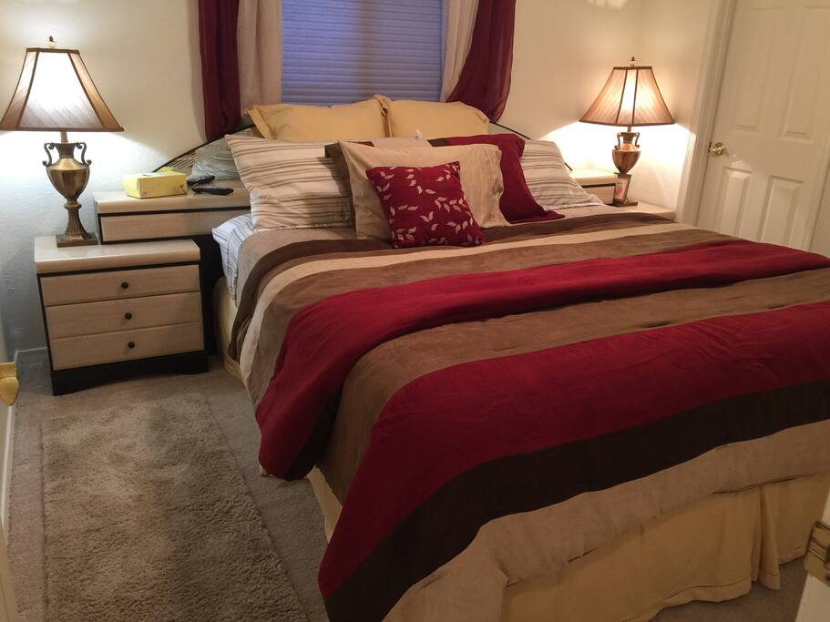 King size comfortable master with carpeted floor equipped with walk in closet and tv
