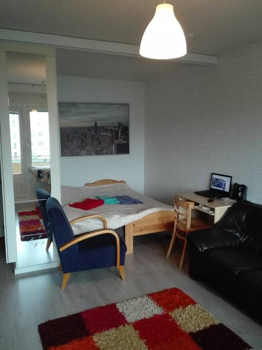 Two single beds combined. Can easily be separated(table is free for your laptop)