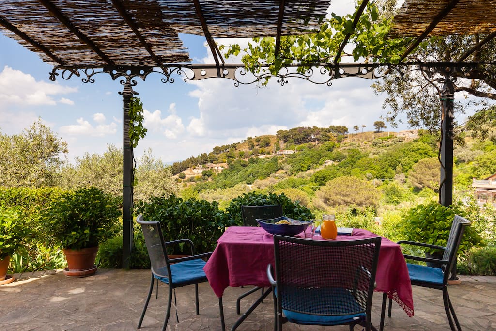 Terrasse voll ausgestattet mit Tisch, Stühlen, Liegen