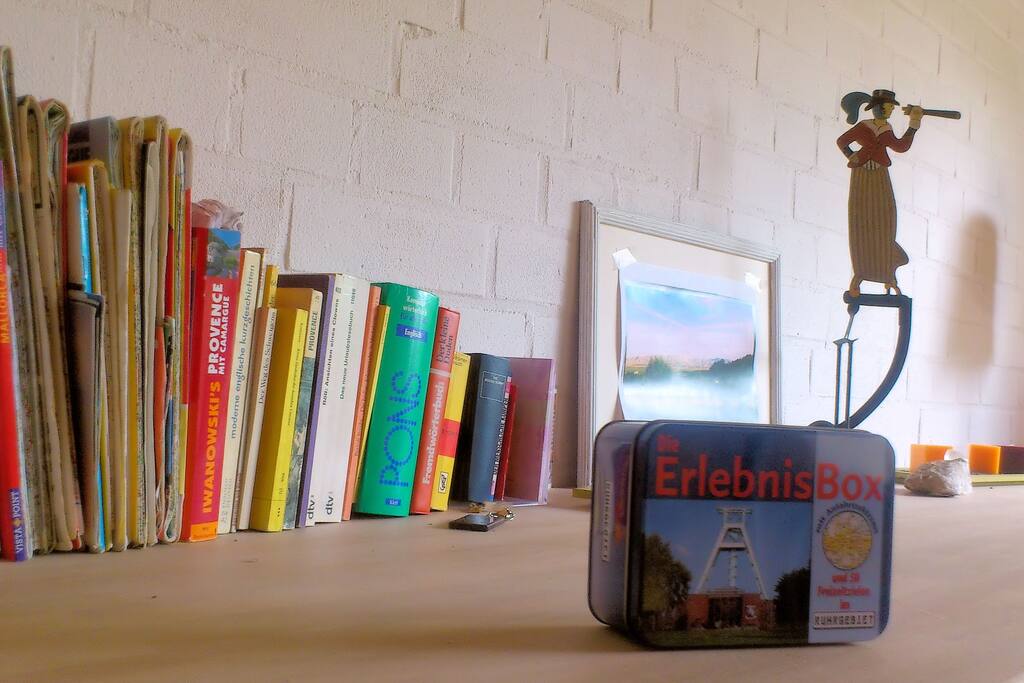 you will find maps, books, dvds, cds and cd-player
