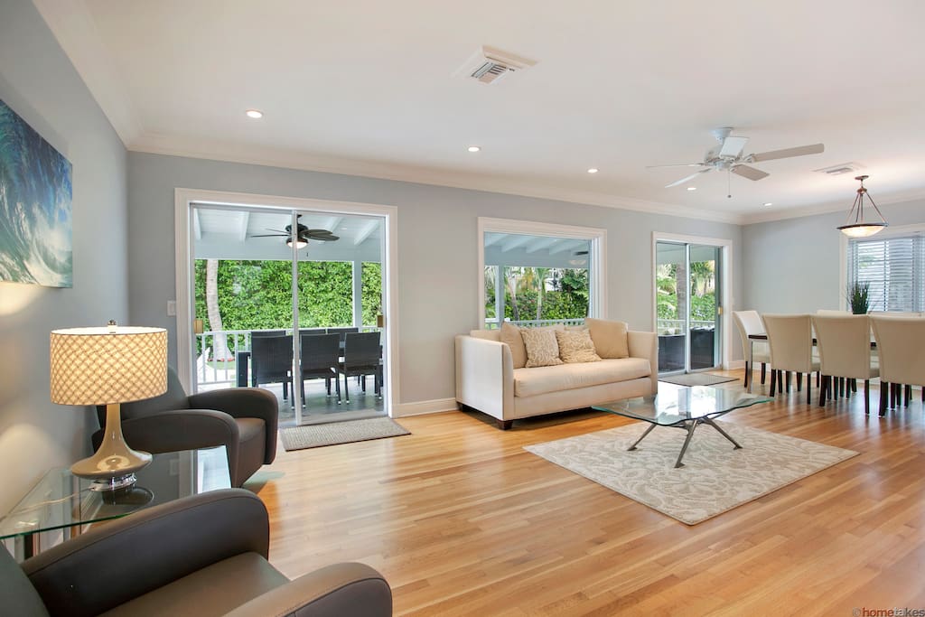 The large upstairs living room walks out to the outdoor deck