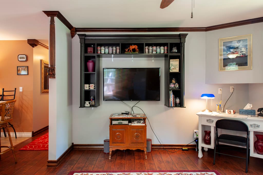 Desk with a charging station, Free Wifi and Direct TV on the Big Screen.