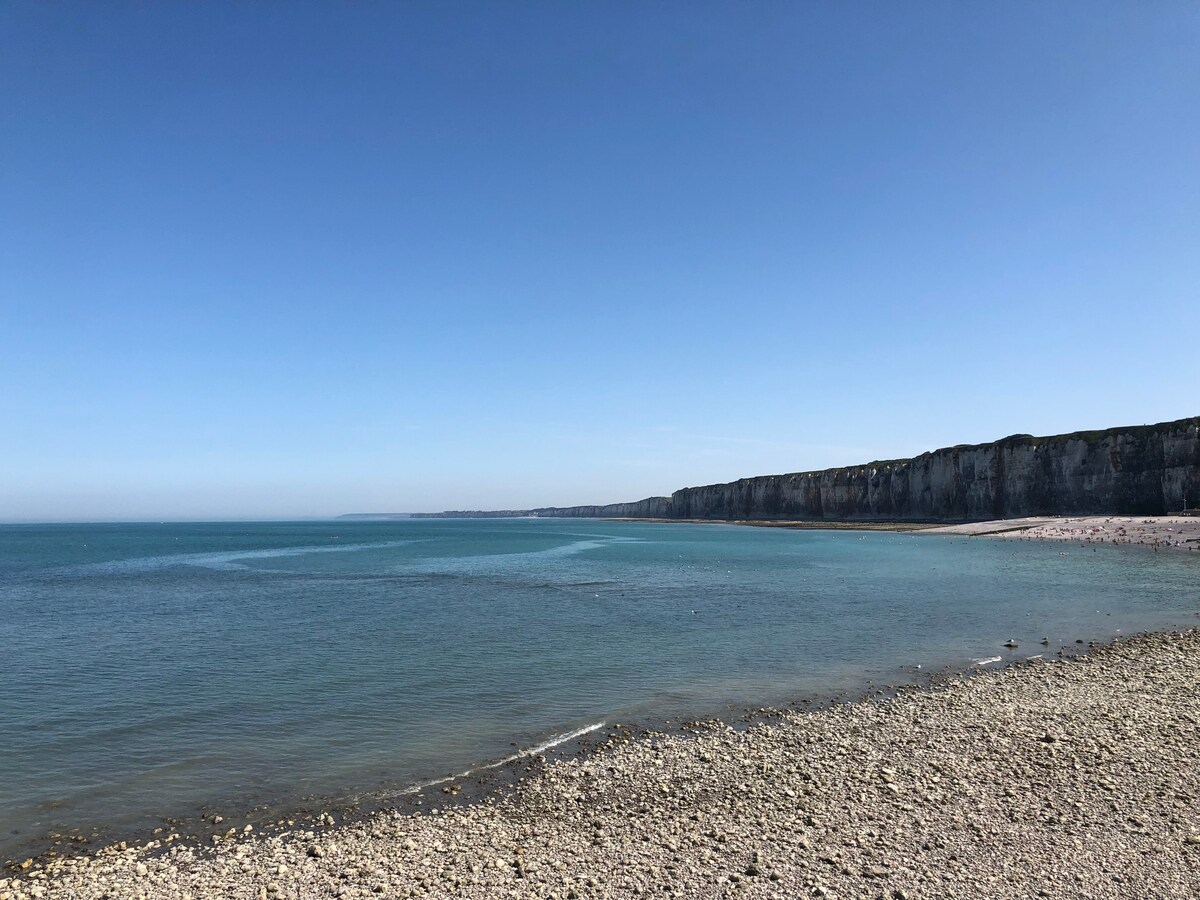 A coastal view features calm turquoise waters gently lapping against a pebbled beach. Majestic cliffs rise in the distance under a clear blue sky, creating a serene and expansive seascape. The shoreline is outlined by scattered pebbles, offering a natural and inviting atmosphere.