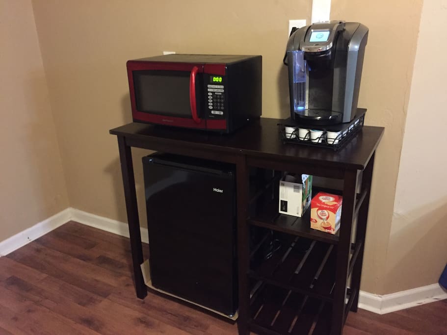 Enjoy microwave, keurig coffee, and mini fridge