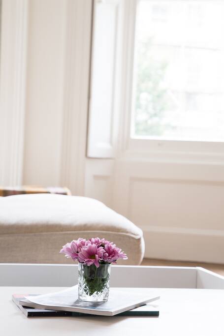 Spacious, very bright living room with two large high-ceiling windows, and original wooden shutters