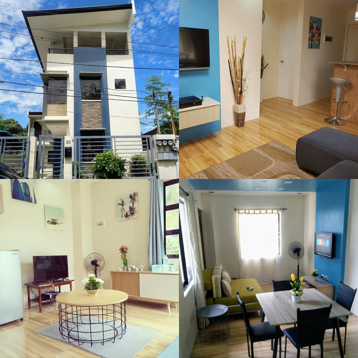 The exterior showcases a modern three-story building with a clean design and large windows, framed by greenery. Interior images reveal spacious living areas with hardwood floors, light-colored walls, and a cozy seating arrangement, complemented by dining and kitchen spaces that include contemporary furnishings.