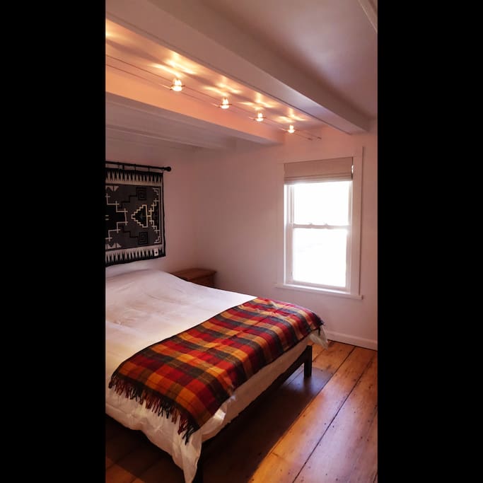 Bedroom 1, Queen Bed, antique wide plank floor