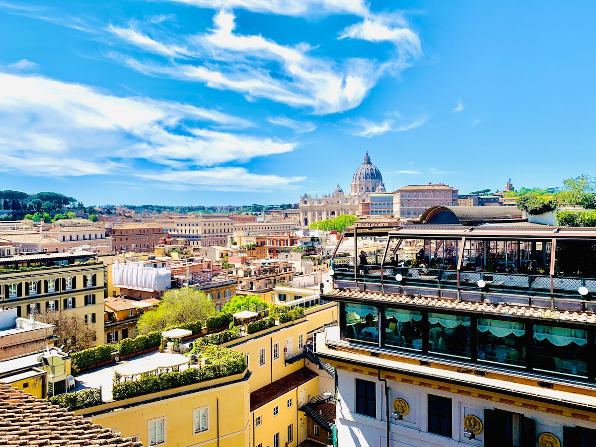 A panoramic view capturing the rooftops of Rome under a clear blue sky. St. Peter's Basilica is prominently featured in the background along with lush greenery and charming buildings of various styles, showcasing the city's historic architecture.